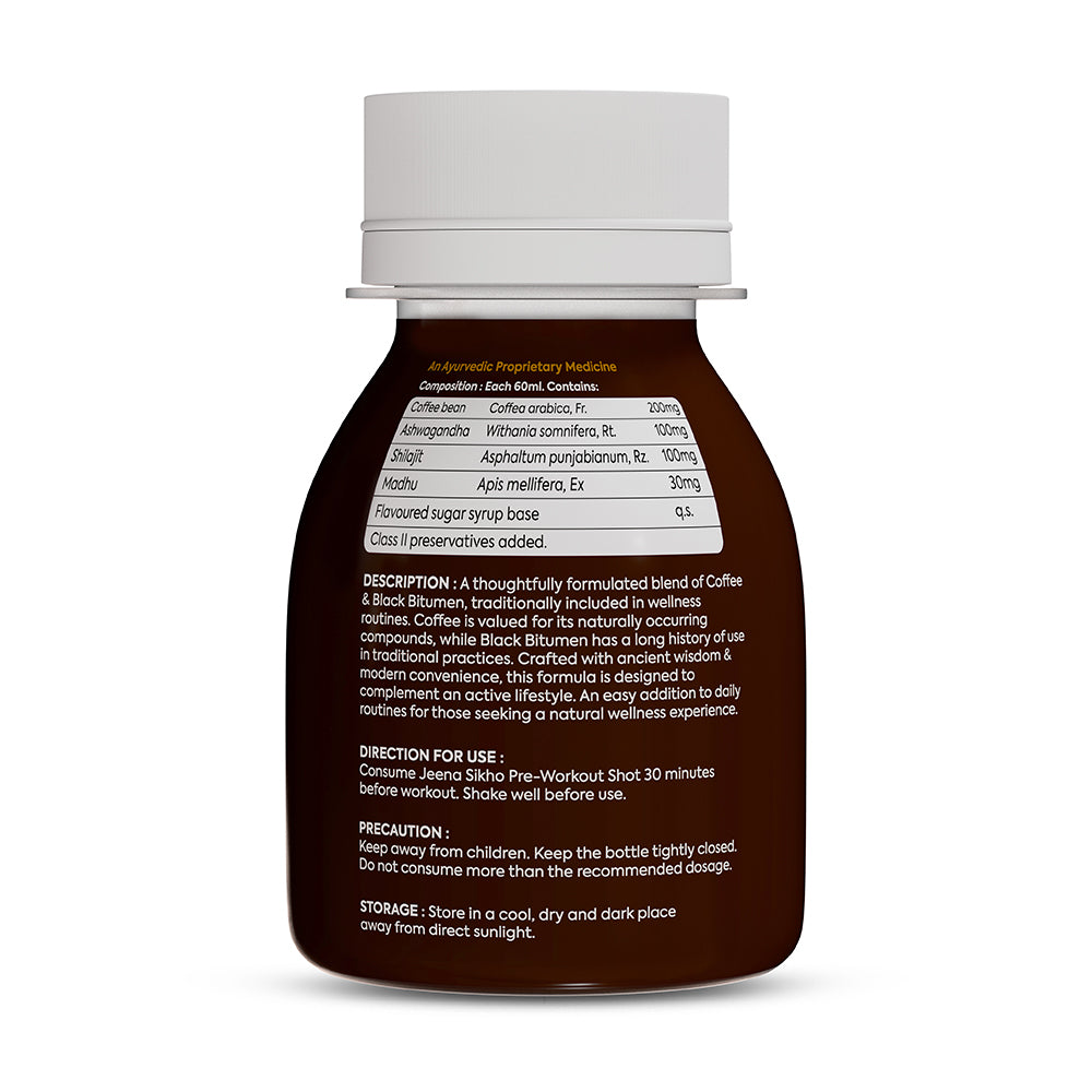 Stamina Booster Supplement with coffee bean, Ashwagandha and Shilajit, showing usage, precautions and storage details