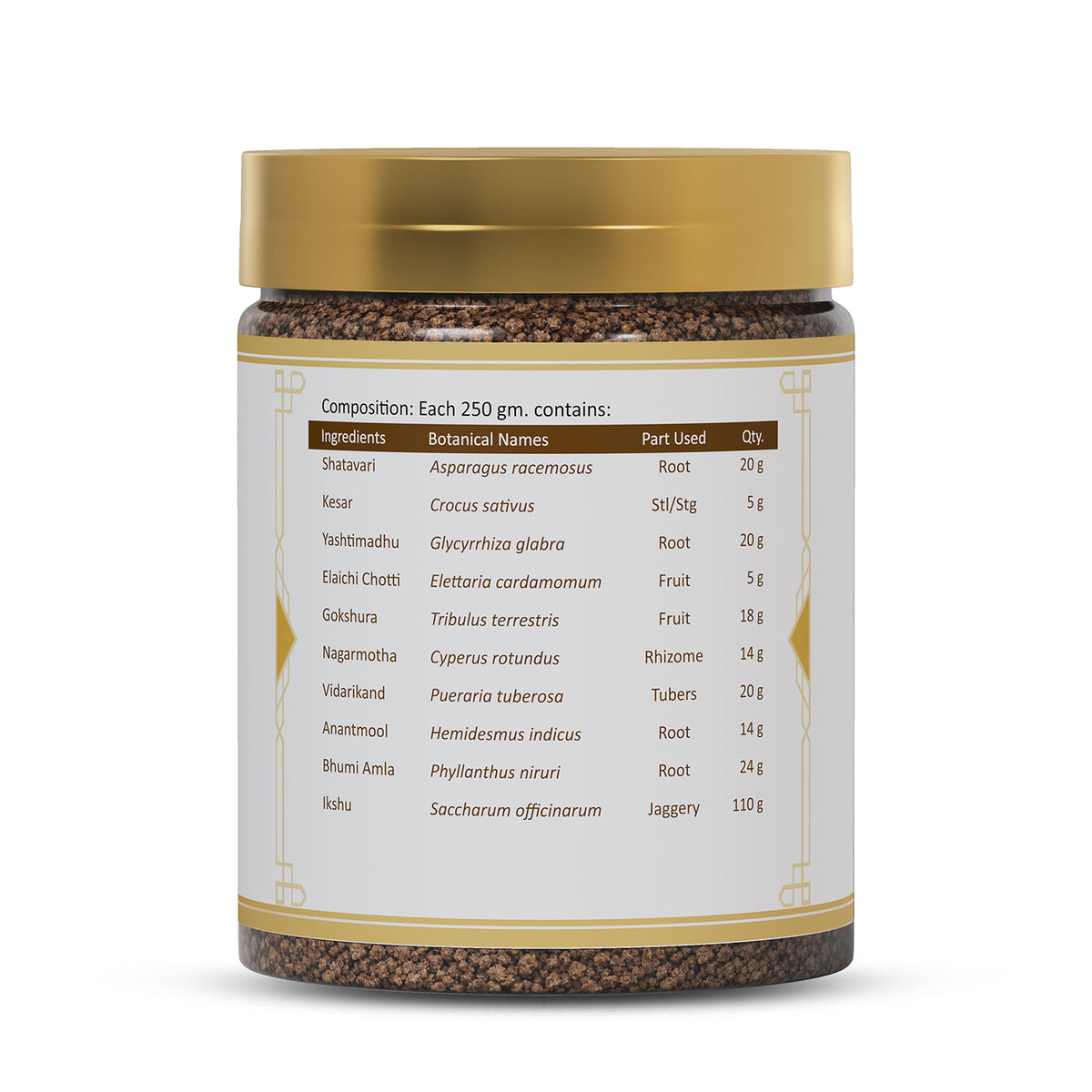 Striveda Granules ingredients list showing Ayurvedic herbs, botanical names, quantities and traditional women wellness formulation