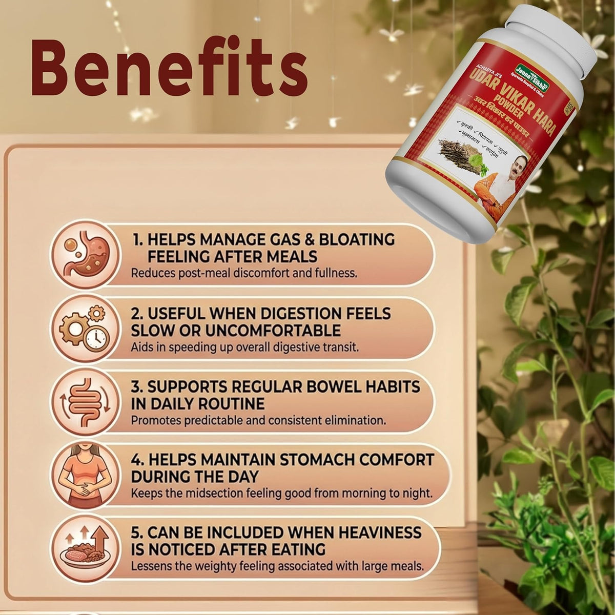 Udar Vikar Hara Powder benefits include gas and bloating support, digestion comfort, bowel routine and stomach wellness