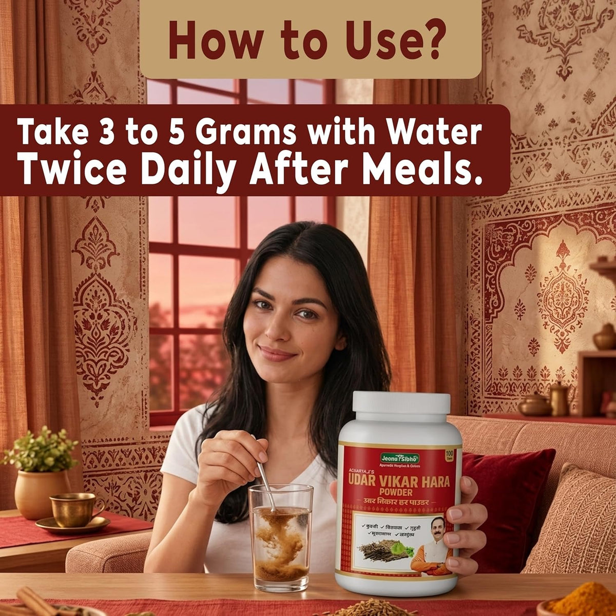 Udar Vikar Hara Powder usage guide showing 3 to 5 grams with water twice daily after meals for digestive wellness support
