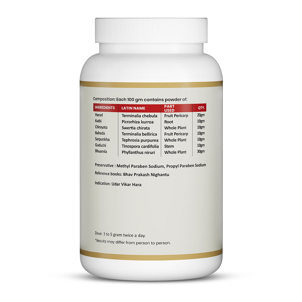Udar Vikar Hara Powder ingredients showing Ayurvedic herbs, botanical names, quantities, indication and dosage details