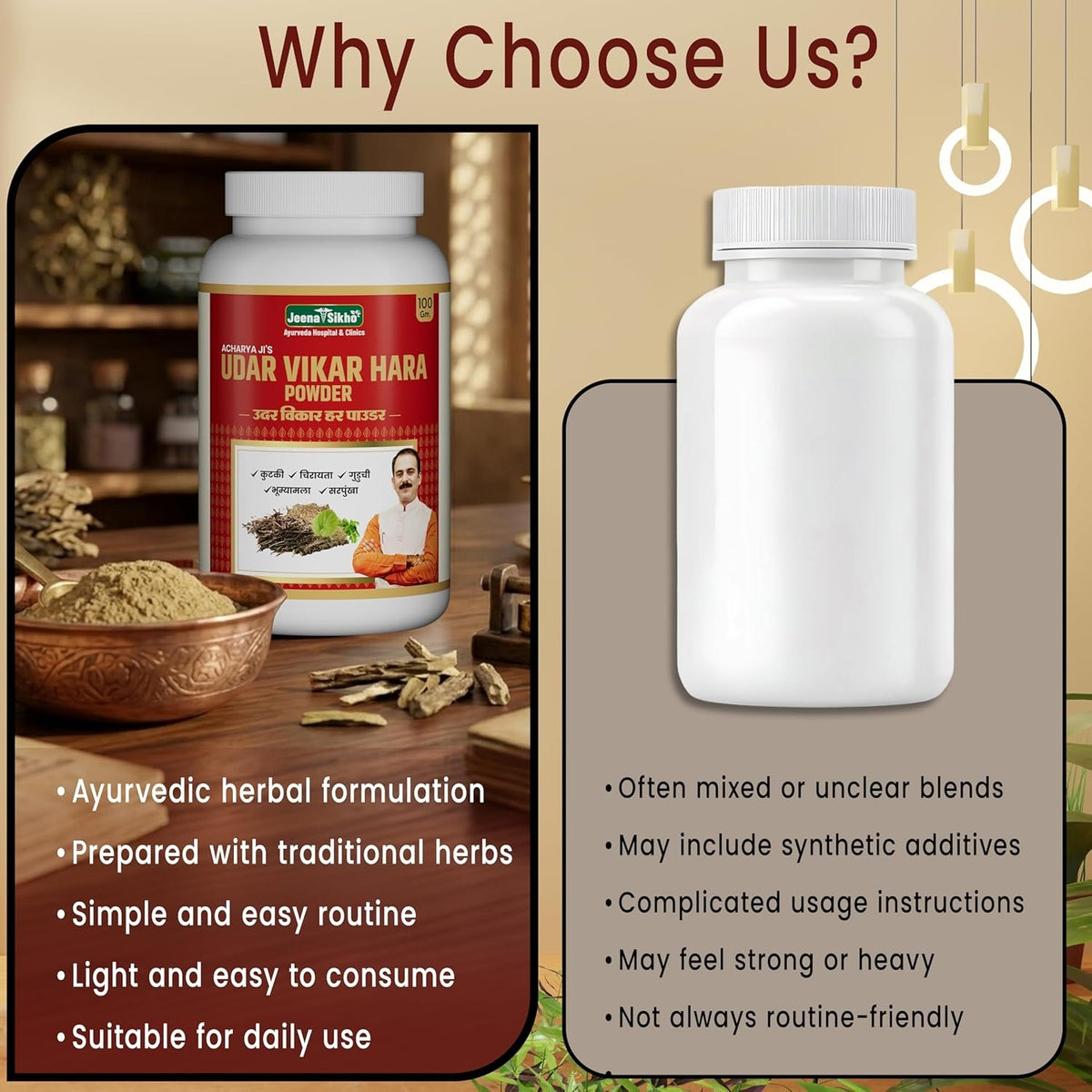 Udar Vikar Hara Powder comparison showing Ayurvedic herbal formula, traditional herbs, easy routine and daily digestive care