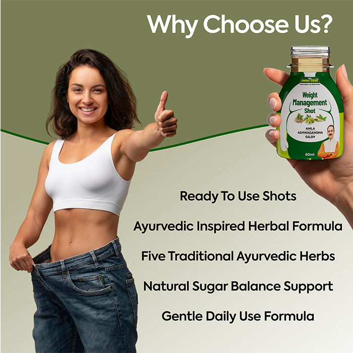 Weight Management Shot comparison highlighting Ayurvedic herbs, ready-to-use format, sugar balance and digestive metabolism support