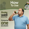 Weight Management Shot usage guide showing shake well before use and consume one serving daily before bedtime