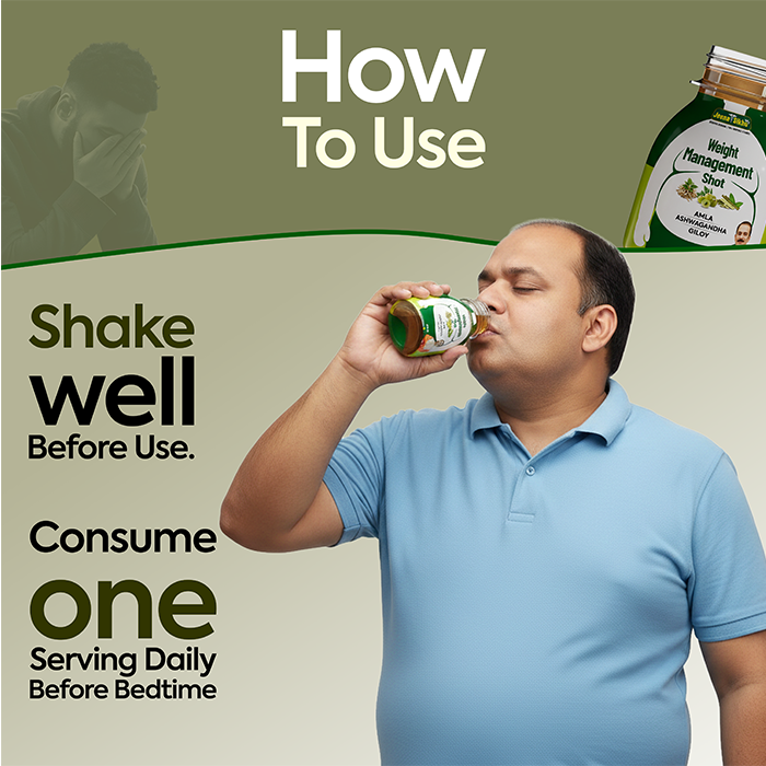 Weight Management Shot usage guide showing shake well before use and consume one serving daily before bedtime