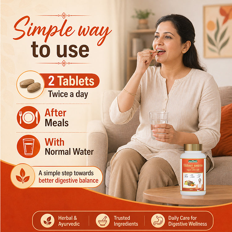 Yakrit Shoth Vati liver medicine usage guide showing 2 tablets twice daily after meals with water for digestive wellness support